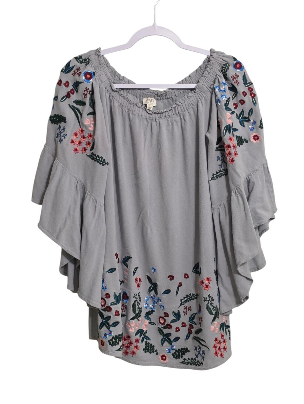 Umgee Gray Embroidered Floral Bell Sleeve Top L Boho Western Cowgirl Flowy